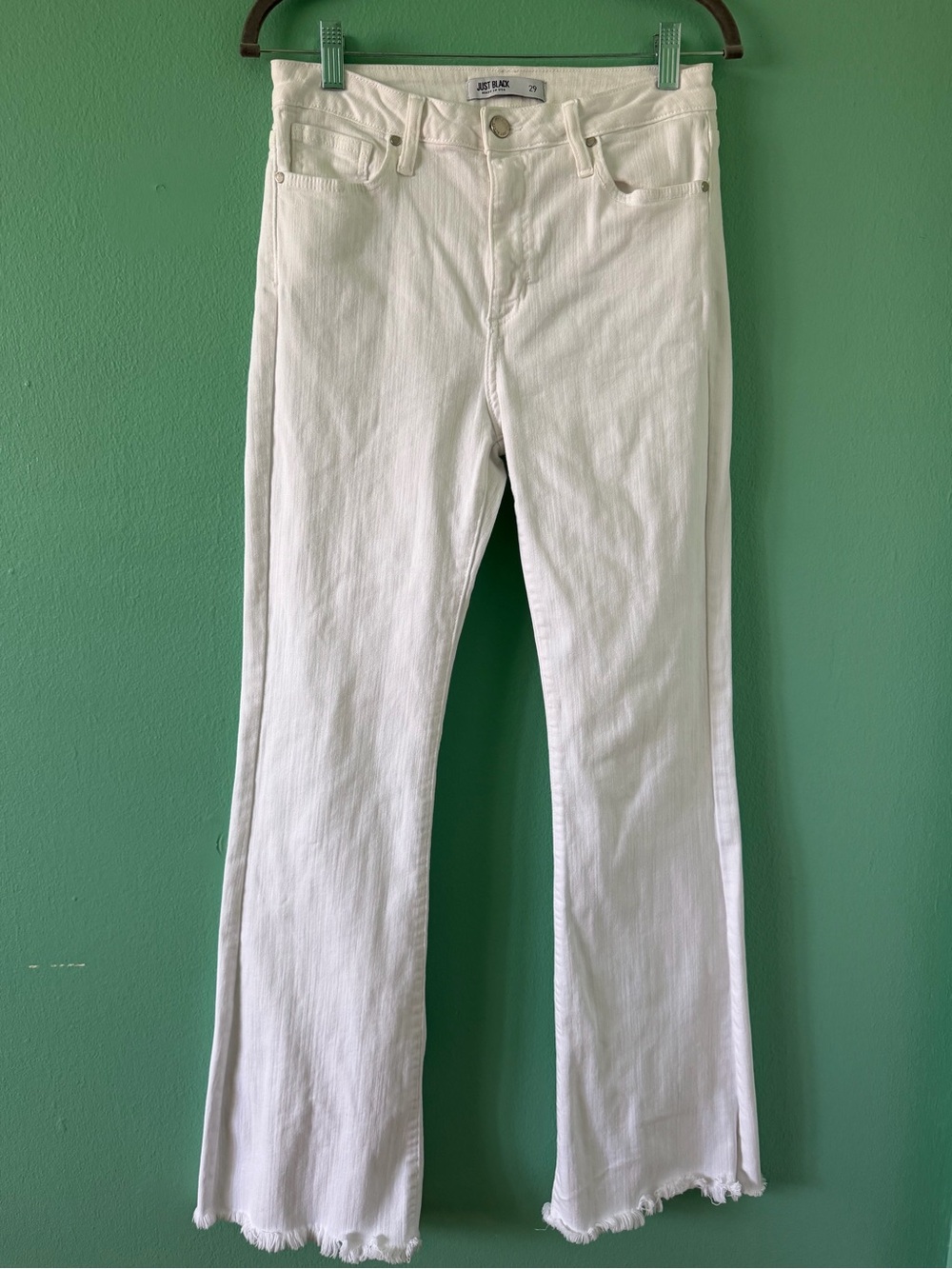 Just Black White High-Rise Flare Jeans with Frayed Hem
